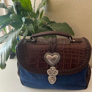 Brighton Croc-Embossed Brown and Denim Blue Satchel